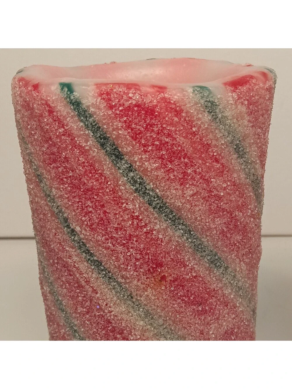 Set of 2 Red/Green/White Glitter Candy Cane Flameless LED Pillar Candles 6 in